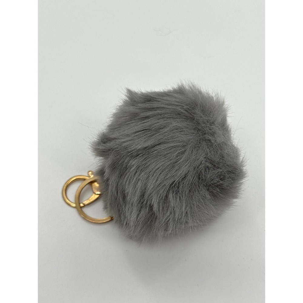 Grey Faux Fur Pom Pom Keychain Gold Tone Lobster Clasp Bag Charm Accessory